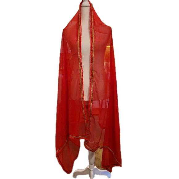 Red Sheer Sari Sarong Wrap Cover 40x80" Tassels Metallic Gold Thread Trim Design - Picture 2 of 7